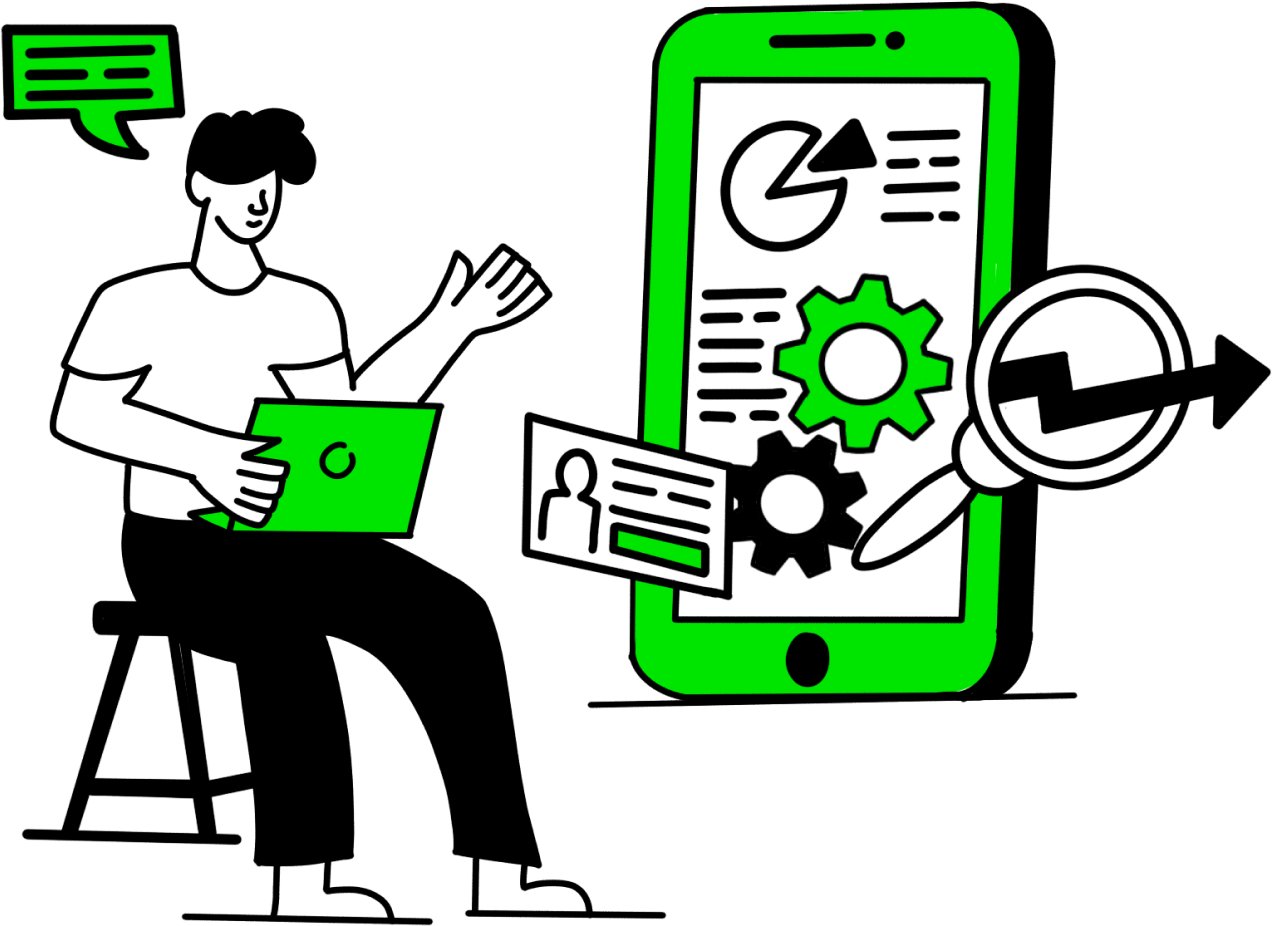Person using a laptop with a large smartphone displaying analytics, SEO settings, and optimization tools.